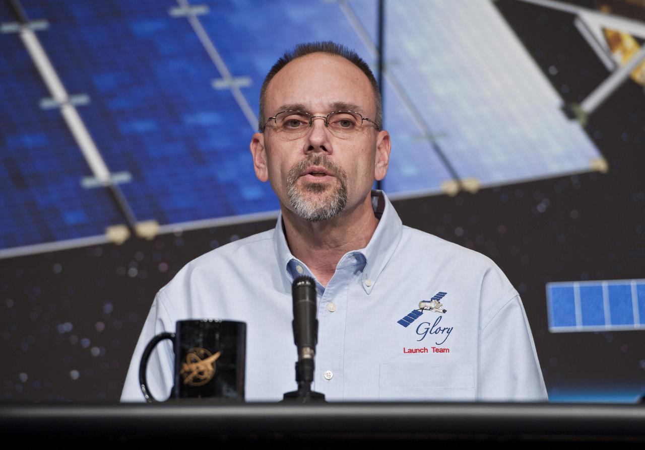 Bryan Fafaul, Glory Project Manager from Goddard Space Flight Center, talks about the launch of the GLORY mission during a news conference at NASA Headquarters, Thursday, Jan. 20, 2011, in Washington. NASA's newest Earth-observing research mission is scheduled for launch form Vandenburg Air Force Base in California on Feb. 23. The mission will improve our understanding of how the sun and tiny atmosppheric particles called aerosols affect Earth's climate. Photo Credit: (NASA/Paul E. Alers)