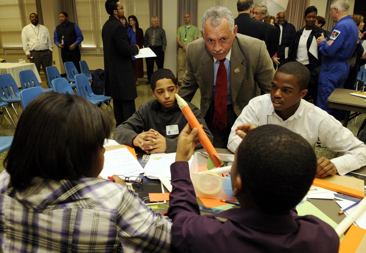 NASA Administrator Charles Bolden visits with students from Albert Hill Middle School during a visit to the MathScience Innovation Center, Friday, Jan. 28, 2011, in Richmond, Va. During his visit, Bolden highlighted the importance of science, technology, engineering and math, or STEM, as he shared his life experiences with the students. Photo Credit:(NASA/Paul E. Alers)