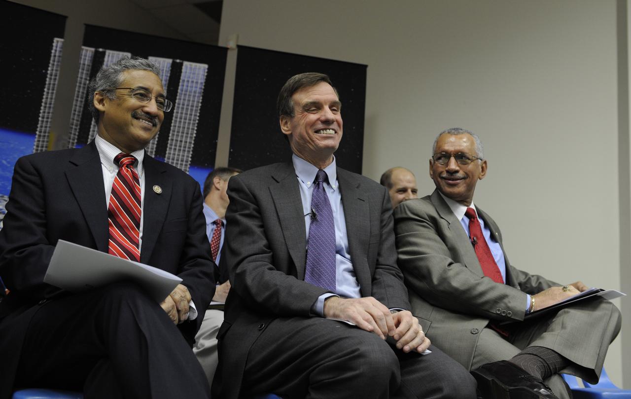 NASA Administrator Charles Bolden, right, shares a laugh with U.S. Sen. Mark Warner, D-Va., center and U.S. Rep. Bobby Scott, D-Va., prior to an event at the MathScience Innovation Center, Friday, Jan. 28, 2011, in Richmond, Va. Bolden later spoke to students from Albert Hill Middle School highlighting the importance of science, technology, engineering and math, or STEM, as he shared his life experiences with the students. (Photo Credit:NASA/Paul E. Alers)