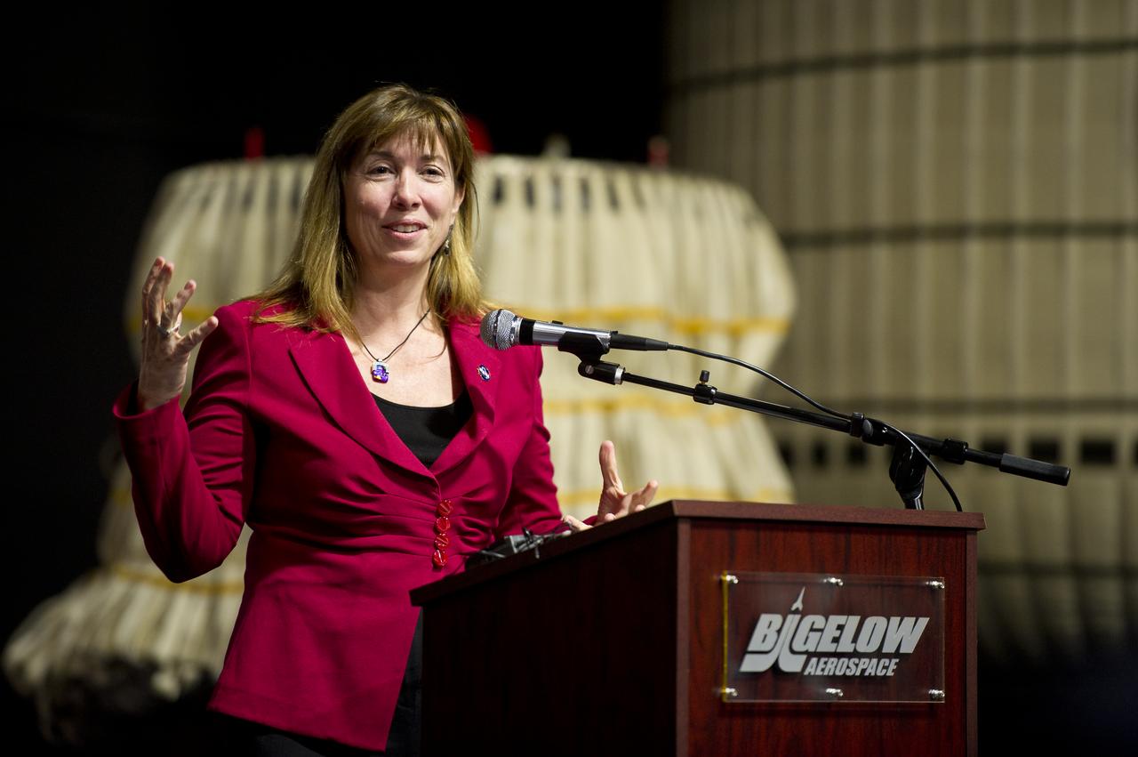 NASA Deputy Administrator Lori Garver talks during a press conference shortly after she was given a tour of the Bigelow Aerospace facilities by the company's President Robert Bigelow on Friday, Feb. 4, 2011, in Las Vegas.  NASA has been discussing potential partnership opportunities with Bigelow for its inflatable habitat technologies as part of NASA's goal to develop innovative technologies to ensure that the U.S. remains competitive in future space endeavors. Photo Credit: (NASA/Bill Ingalls)