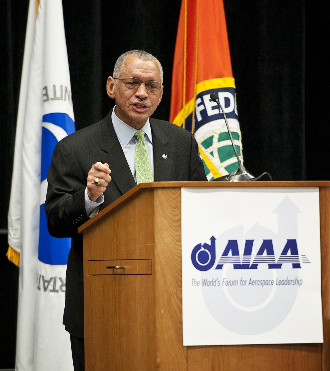NASA Administrator Charles Bolden speaks at the 14th Annual Federal Aviation Administration (FAA) Commercial Space Transport Conference at the Washington Convention Center on Wednesday, Feb. 9, 2001.  Photo Credit: (NASA/Carla Cioffi)
