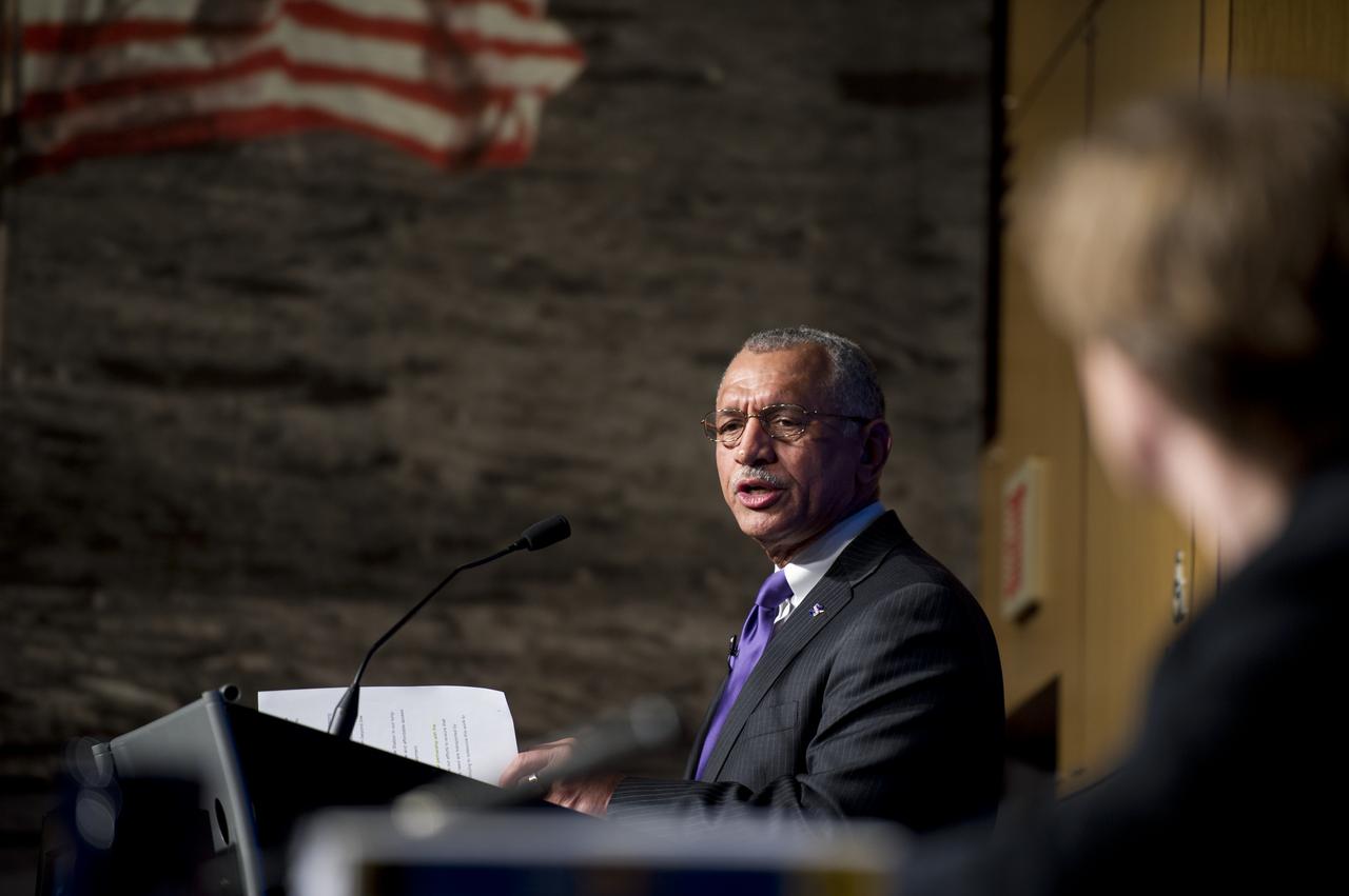 NASA Administrator Charles Bolden delivers remarks during an overview briefing on NASA's fiscal year 2012 budget, Monday, Feb. 14, 2011 at NASA Headquarters in Washington.  Photo Credit: (NASA/Bill Ingalls)