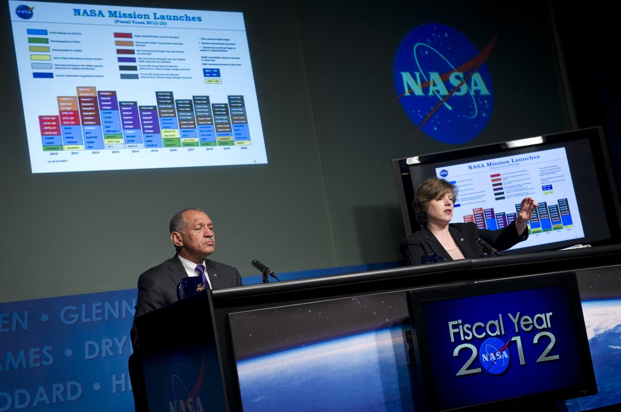 NASA Administrator Charles Bolden and NASA Chief Financial Officer Elizabeth Robinson deliver an overview briefing on NASA's fiscal year 2012 budget, Monday, Feb. 14, 2011 at NASA Headquarters in Washington.  Photo Credit: (NASA/Bill Ingalls)