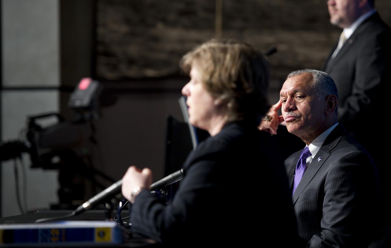 NASA Administrator Charles Bolden listens as NASA Chief Financial Officer Elizabeth Robinson talks during an overview briefing on NASA's fiscal year 2012 budget, Monday, Feb. 14, 2011 at NASA Headquarters in Washington.  Photo Credit: (NASA/Bill Ingalls)