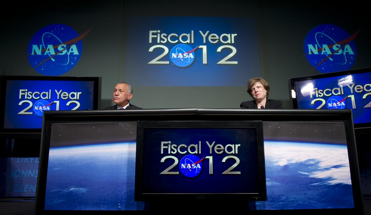 NASA Administrator Charles Bolden and NASA Chief Financial Officer Elizabeth Robinson deliver an overview briefing on NASA's fiscal year 2012 budget, Monday, Feb. 14, 2011 at NASA Headquarters in Washington.  Photo Credit: (NASA/Bill Ingalls)