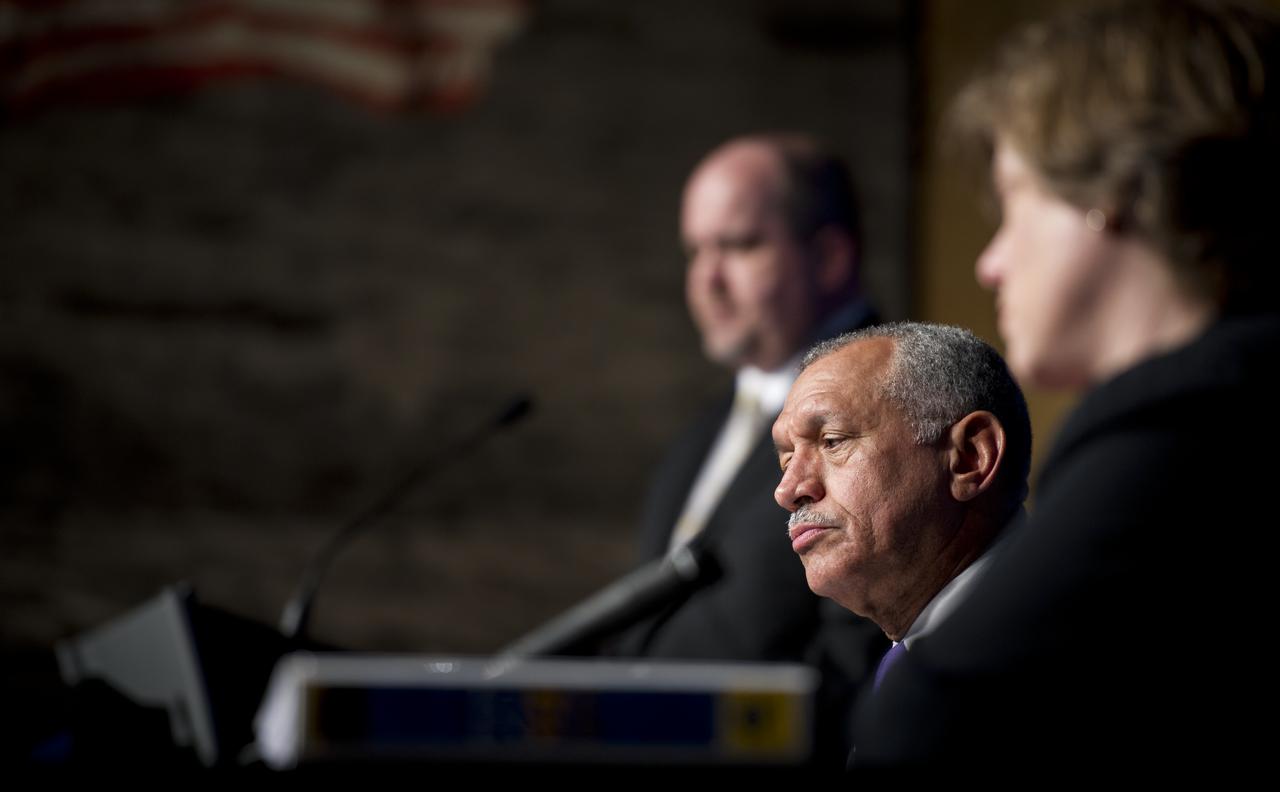 NASA Administrator Charles Bolden listens to a reporter's question come in via phone during an overview briefing on NASA's fiscal year 2012 budget, Monday, Feb. 14, 2011 at NASA Headquarters in Washington.  Photo Credit: (NASA/Bill Ingalls)