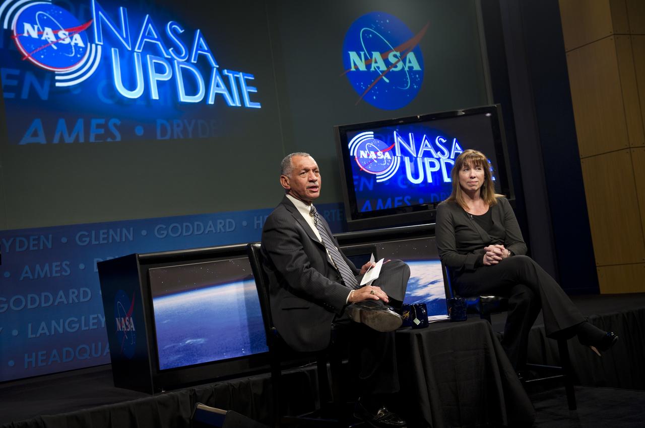 NASA Administrator Charles F. Bolden Jr., and Deputy Administrator Lori Garver deliver a NASA Update on, Tuesday, Feb. 15, 2011, at NASA Headquarters in Washington. Bolden, NASA's 12th Administrator and Garver took the time discuss the agency’s fiscal year 2012 budget request and to take questions from employees. Photo Credit: (NASA/Bill Ingalls)