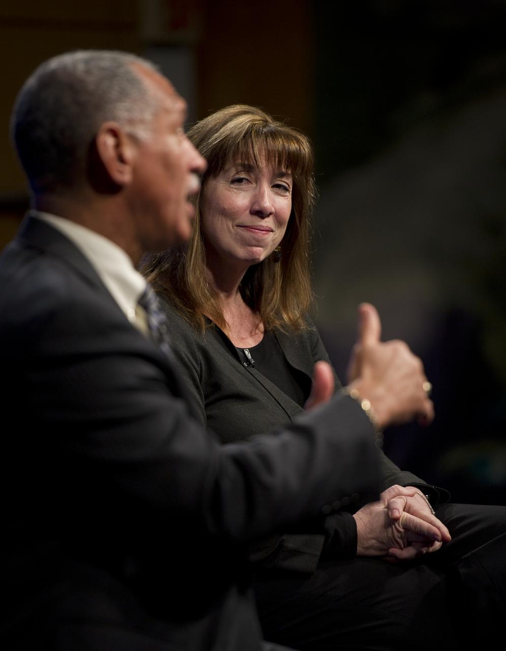 NASA Deputy Administrator Lori Garver listens as NASA Administrator Charles Bolden answers a question during a NASA Update on Tuesday, Feb. 15, 2011, at NASA Headquarters in Washington. Bolden and Garver took the time discuss the agency’s fiscal year 2012 budget request and to take questions from employees. Photo Credit: (NASA/Bill Ingalls)
