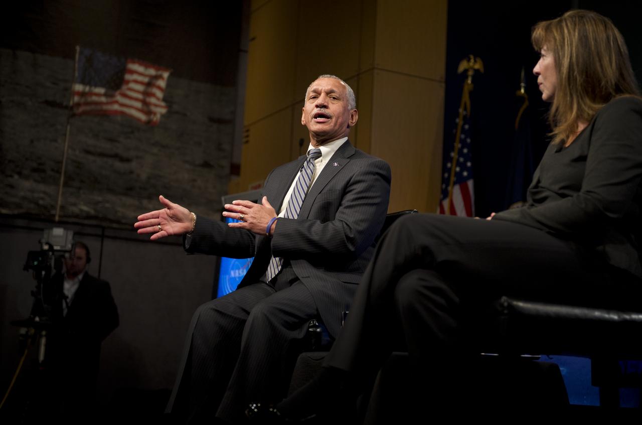 NASA Administrator Charles F. Bolden Jr., answers questions during a NASA Update on, Tuesday, Feb. 15, 2011, at NASA Headquarters in Washington. Bolden, NASA's 12th Administrator and NASA Deputy Administrator Lori Garver took the time discuss the agency’s fiscal year 2012 budget request and to take questions from employees. Photo Credit: (NASA/Bill Ingalls)