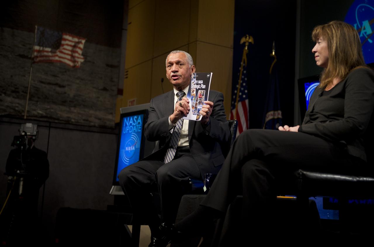 NASA Administrator Charles F. Bolden Jr., answers questions during a NASA Update on, Tuesday, Feb. 15, 2011, at NASA Headquarters in Washington. Bolden, NASA's 12th Administrator and NASA Deputy Administrator Lori Garver took the time discuss the agency’s fiscal year 2012 budget request and to take questions from employees. Photo Credit: (NASA/Bill Ingalls)