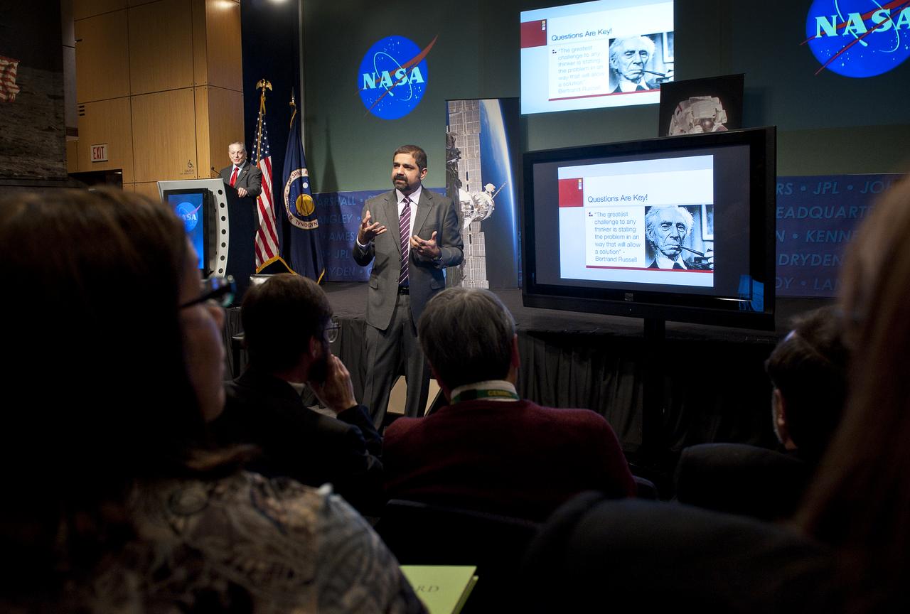 Karim R. Lakhani, assistant professor at Harvard Business School, kicked off the Office of the Chief Technologist TechNovation Lecture series with his talk "Accessing the Ideas Cloud" on Thursday, Feb. 17, 2011 at NASA Headquarters in Washington. Photo Credit: (NASA/Carla Cioffi)