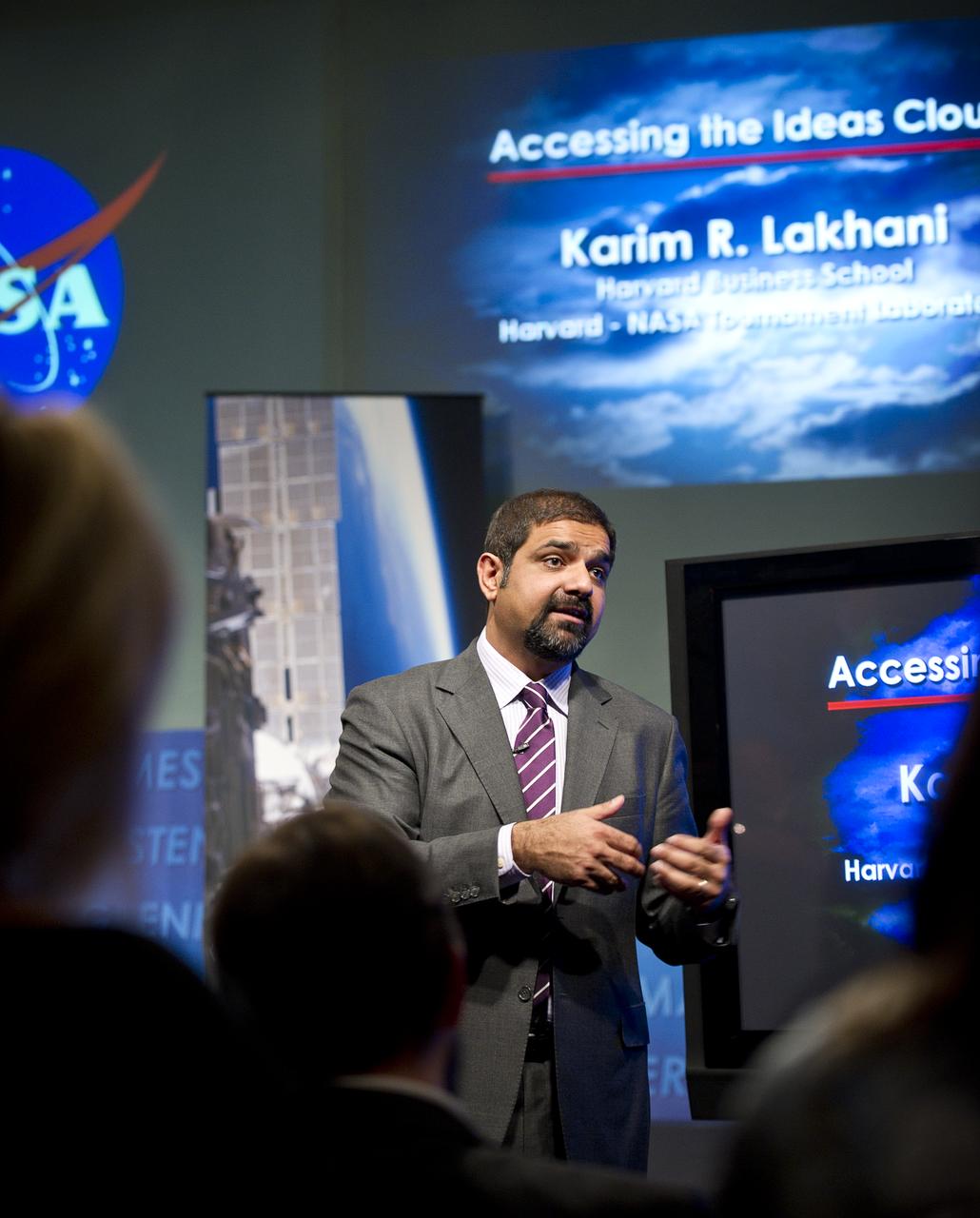 Karim R. Lakhani, assistant professor at Harvard Business School, kicked off the Office of the Chief Technologist TechNovation Lecture series with his talk "Accessing the Ideas Cloud" on Thursday, Feb. 17, 2011 at NASA Headquarters in Washington. Photo Credit: (NASA/Carla Cioffi)