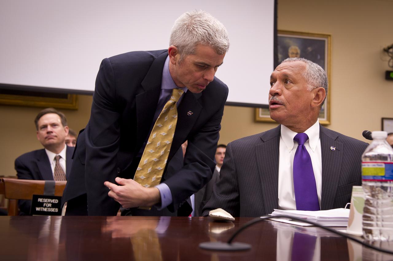 NASA Associate Administrator for Legislative and Intergovernmental Affairs Seth Statler, left, and NASA Administrator Charles Bolden confer prior to a House Committee on Science, Space, and Technology budget hearing, Wednesday, March 2, 2011 in the Rayburn House Office Building on Capitol Hill in Washington. Photo Credit: (NASA/Bill Ingalls)