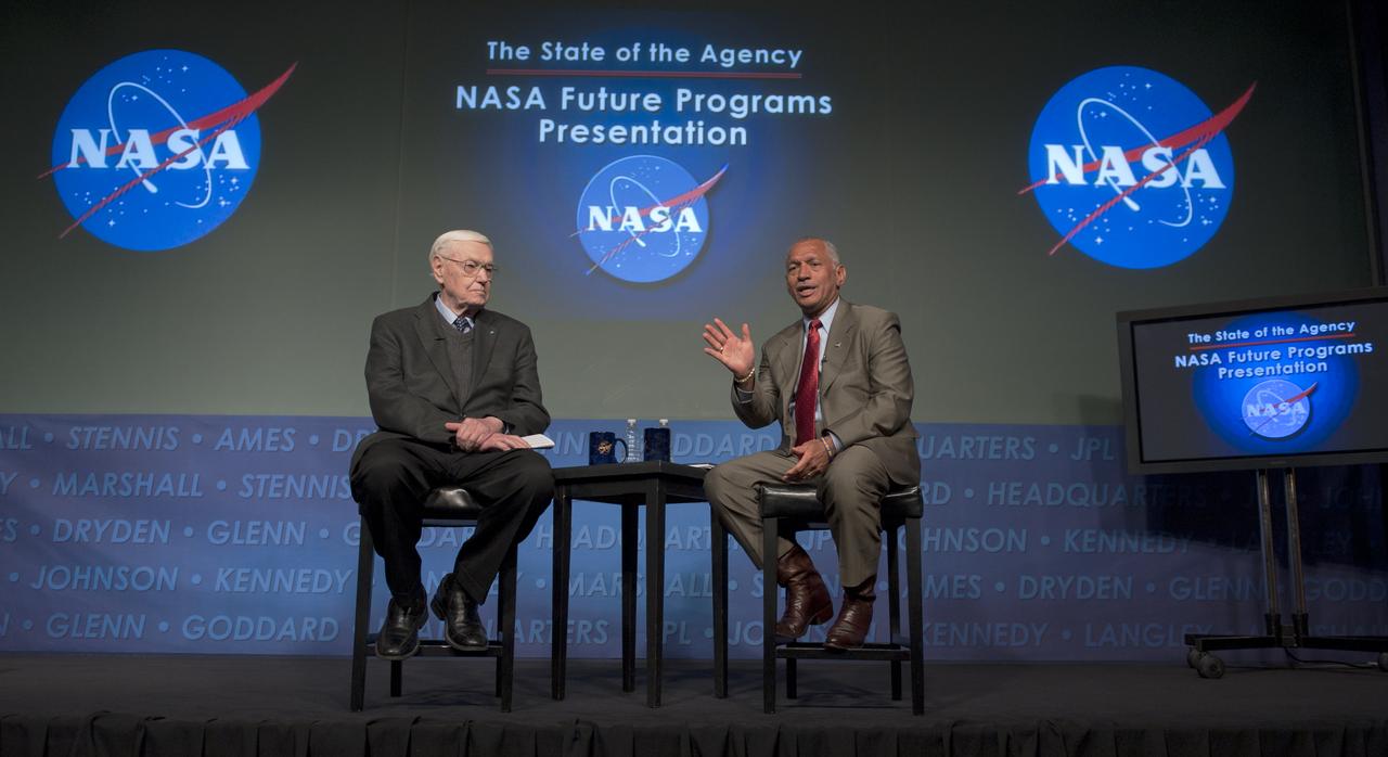 Former NASA Administrator James Beggs, left, and present NASA Administrator Charles Bolden conduct a dialogue on the future of the space program, Friday, March 4, 2011, at NASA Headquarters in Washington. Beggs was NASA's sixth administrator serving from July 1981 to December 1985. Bolden took over the post as NASA's 12th administrator in July 2009. The dialogue is part of the program “The State of the Agency: NASA Future Programs Presentation” sponsored by the NASA Alumni League with support from the AAS, AIAA, CSE and WIA.Photo Credit: (NASA/Paul E. Alers)