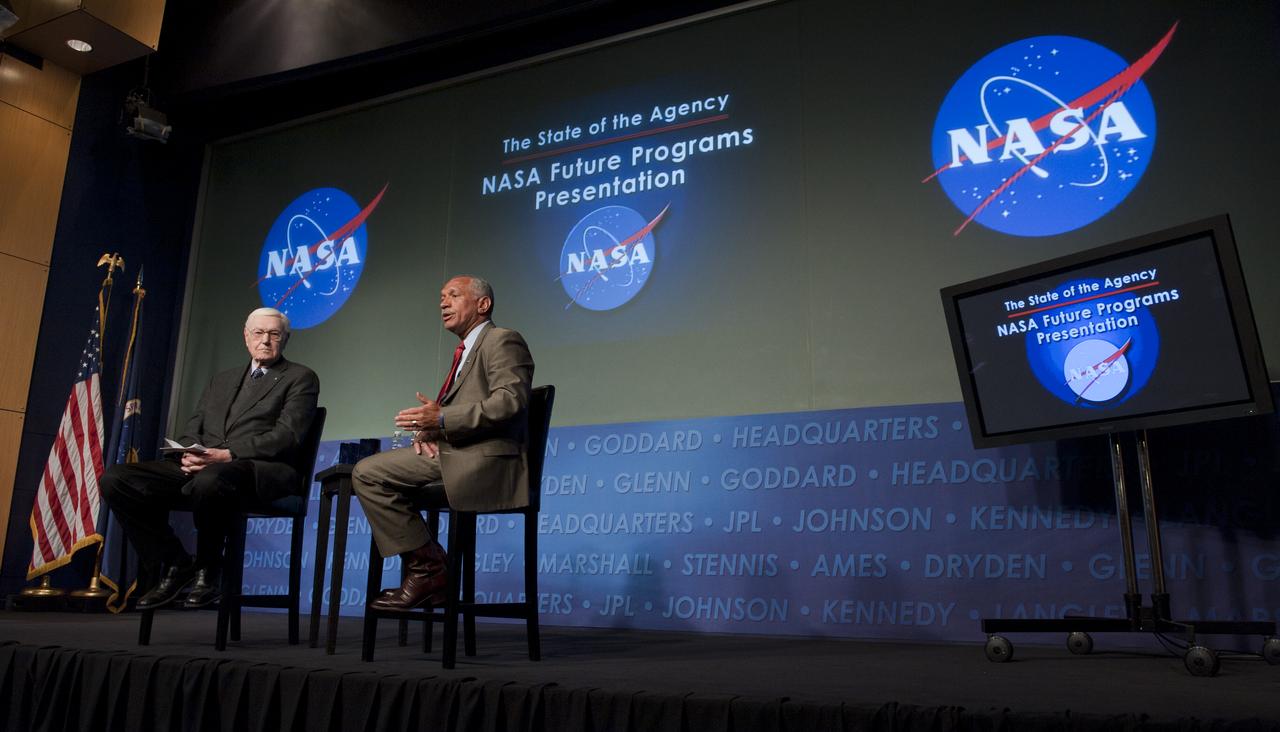 Former NASA Administrator James Beggs, left, and present NASA Administrator Charles Bolden conduct a dialogue on the future of the space program, Friday, March 4, 2011, at NASA Headquarters in Washington. Beggs was NASA's sixth administrator serving from July 1981 to December 1985. Bolden took over the post as NASA's 12th administrator in July 2009. The dialogue is part of the program “The State of the Agency: NASA Future Programs Presentation” sponsored by the NASA Alumni League with support from the AAS, AIAA, CSE and WIA.Photo Credit: (NASA/Paul E. Alers)