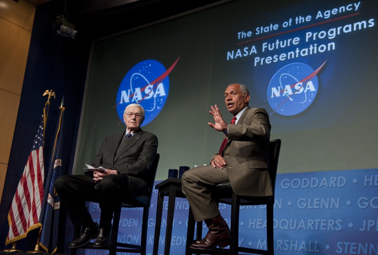 Former NASA Administrator James Beggs, left, and present NASA Administrator Charles Bolden conduct a dialogue on the future of the space program, Friday, March 4, 2011, at NASA Headquarters in Washington. Beggs was NASA's sixth administrator serving from July 1981 to December 1985. Bolden took over the post as NASA's 12th administrator in July 2009. The dialogue is part of the program “The State of the Agency: NASA Future Programs Presentation” sponsored by the NASA Alumni League with support from the AAS, AIAA, CSE and WIA.Photo Credit: (NASA/Paul E. Alers)