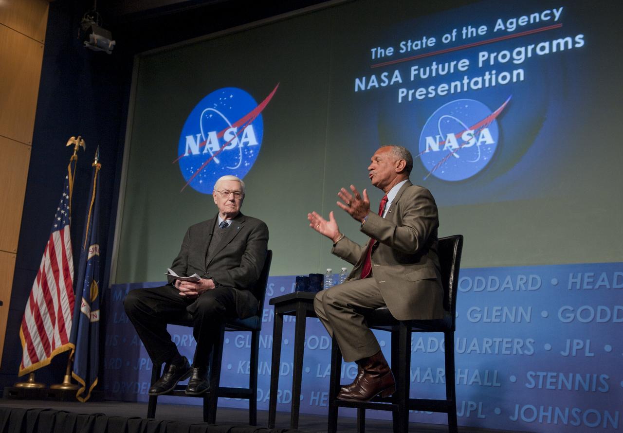 Former NASA Administrator James Beggs, left, and present NASA Administrator Charles Bolden conduct a dialogue on the future of the space program, Friday, March 4, 2011, at NASA Headquarters in Washington. Beggs was NASA's sixth administrator serving from July 1981 to December 1985. Bolden took over the post as NASA's 12th administrator in July 2009. The dialogue is part of the program “The State of the Agency: NASA Future Programs Presentation” sponsored by the NASA Alumni League with support from the AAS, AIAA, CSE and WIA.Photo Credit: (NASA/Paul E. Alers)