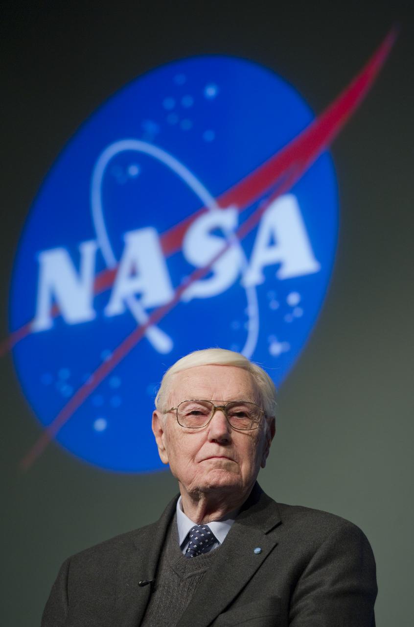 Former NASA Administrator James Beggs is seen during a dialogue with present NASA Administrator Charles Bolden on the future of the space program, Friday, March 4, 2011, at NASA Headquarters in Washington. Beggs was NASA's sixth administrator serving from July 1981 to December 1985. The dialogue was part of the program “The State of the Agency: NASA Future Programs Presentation” sponsored by the NASA Alumni League with support from the AAS, AIAA, CSE and WIA.Photo Credit: (NASA/Paul E. Alers)