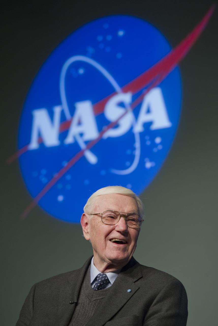 Former NASA Administrator James Beggs smiles during a dialogue on the future of the space program, Friday, March 4, 2011, at NASA Headquarters in Washington. Beggs was NASA's sixth administrator serving from July 1981 to December 1985. The dialogue was part of the program “The State of the Agency: NASA Future Programs Presentation” sponsored by the NASA Alumni League with support from the AAS, AIAA, CSE and WIA.Photo Credit: (NASA/Paul E. Alers)