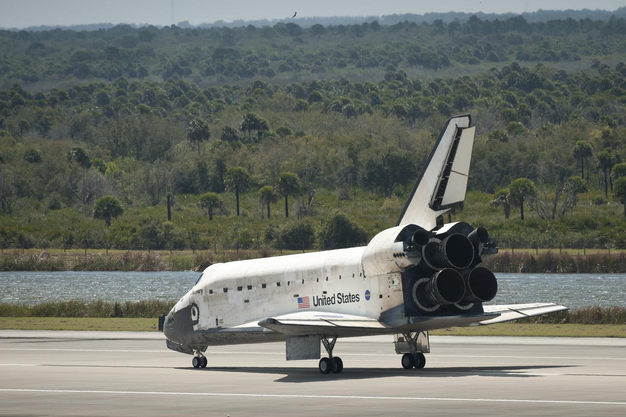 Space Shuttle Discovery (STS-133) is seen shortly after it landed, Wednesday, March 9, 2011, at Kennedy Space Center in Cape Canaveral, Fla., completing its 39th and final flight.  Since 1984, Discovery flew 39 missions, spent 365 days in space, orbited Earth 5,830 times and traveled 148,221,675 miles.  Photo credit: (NASA/Bill Ingalls)