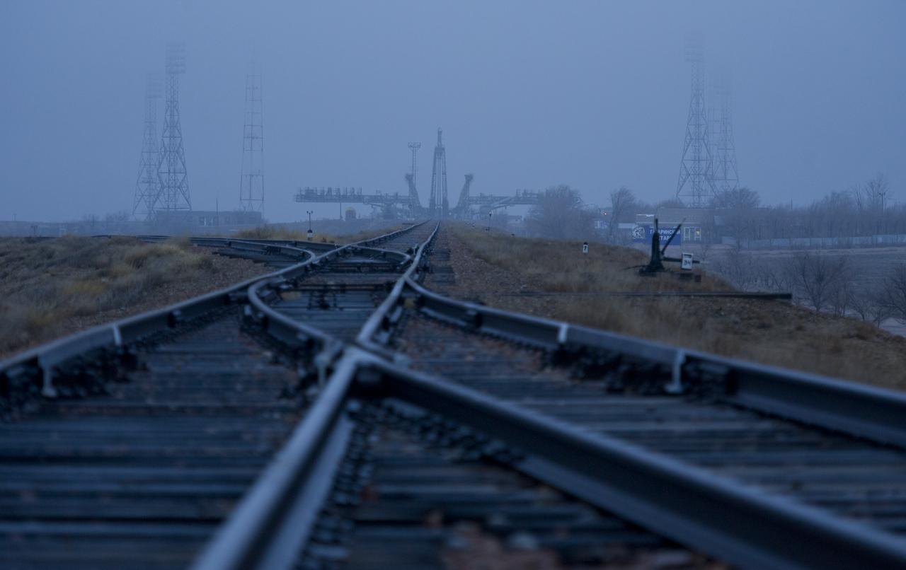 The Soyuz launch pad is seen in the distance in the early morning hours at the Baikonur Cosmodrome in Kazakhstan, Saturday, April 2, 2011. The launch of the Soyuz spacecraft with Expedition 27 Soyuz Commander Alexander Samokutyaev, NASA Flight Engineer Ron Garan and Russian Flight Engineer Andrey Borisenko is scheduled for Tuesday, April 5, 2011.  Photo Credit: (NASA/Carla Cioffi)