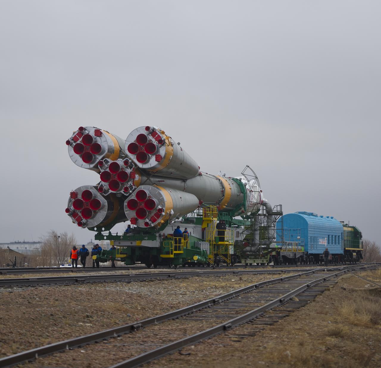 The Soyuz TMA-21 spacecraft is rolled out by train on its way to the launch pad at the Baikonur Cosmodrome in Kazakhstan, Saturday, April 2, 2011.  The launch of the Soyuz spacecraft with Expedition 27 Soyuz Commander Alexander Samokutyaev, NASA Flight Engineer Ron Garan and Russian Flight Engineer Andrey Borisenko is scheduled for Tuesday, April 5, 2011.  Photo Credit (NASA/Carla Cioffi)