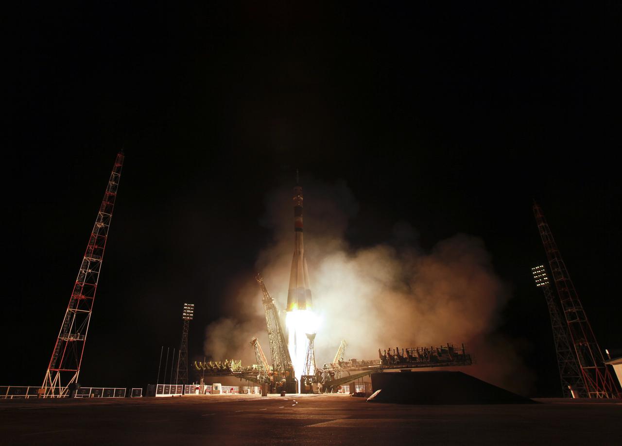 The Soyuz TMA-21 launches from the Baikonur Cosmodrome in Kazakhstan on Tuesday, April 5, 2011 carrying Expedition 27 Soyuz Commander Alexander Samokutyaev, NASA Flight Engineer Ron Garan and Russian Flight Engineer Andrey Borisenko to the International Space Station.  The Soyuz, which has been dubbed "Gagarin", is launching one week shy of the 50th anniversary of the launch of Yuri Gagarin from the same launch pad in Baikonur on April 12, 1961 to become the first human to fly in space.  Photo Credit:  (NASA/Carla Cioffi)