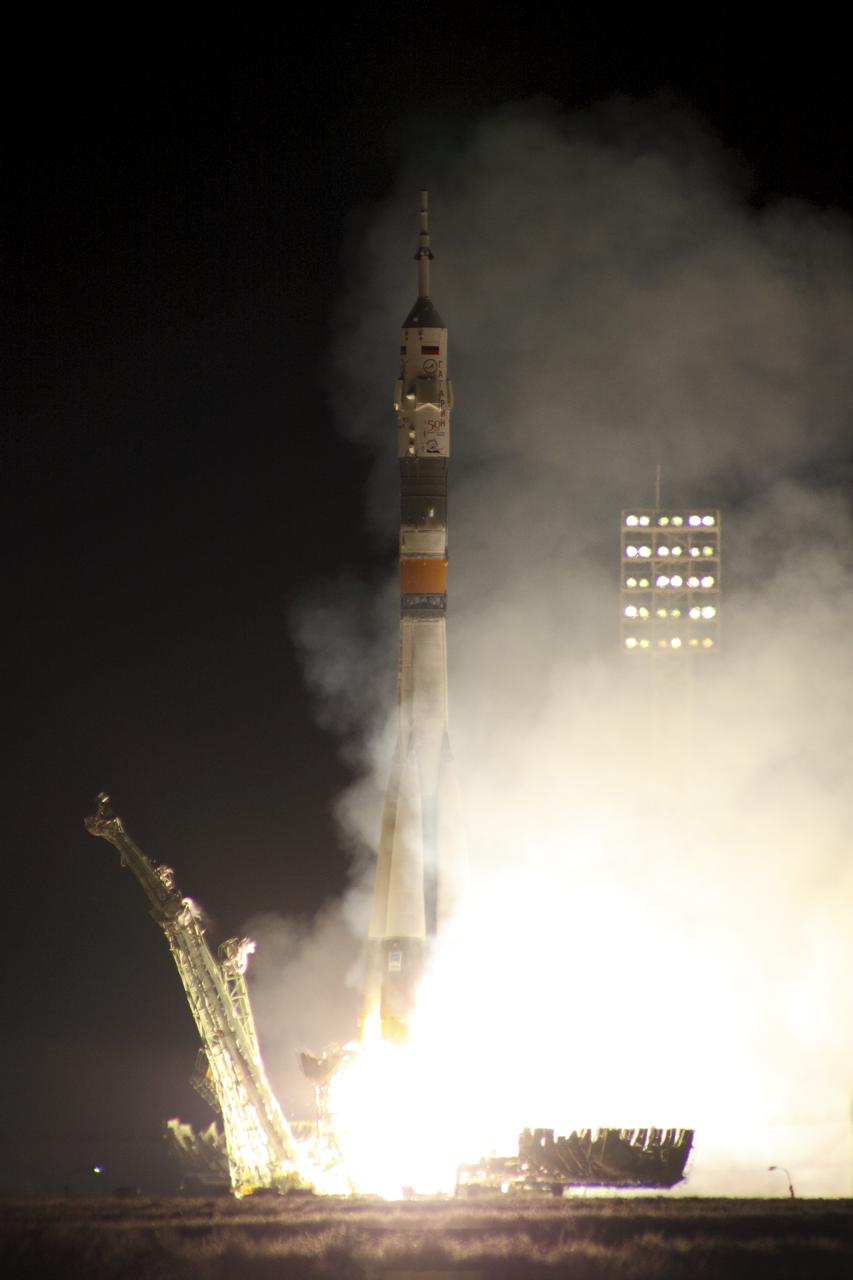 The Soyuz TMA-21 launches from the Baikonur Cosmodrome in Kazakhstan on Tuesday, April 5, 2011 carrying Expedition 27 Soyuz Commander Alexander Samokutyaev, NASA Flight Engineer Ron Garan and Russian Flight Engineer Andrey Borisenko to the International Space Station. The Soyuz, which has been dubbed "Gagarin", is launching one week shy of the 50th anniversary of the launch of Yuri Gagarin from the same launch pad in Baikonur on April 12, 1961 to become the first human to fly in space. Photo Credit: (NASA/Victor Zelentsov)