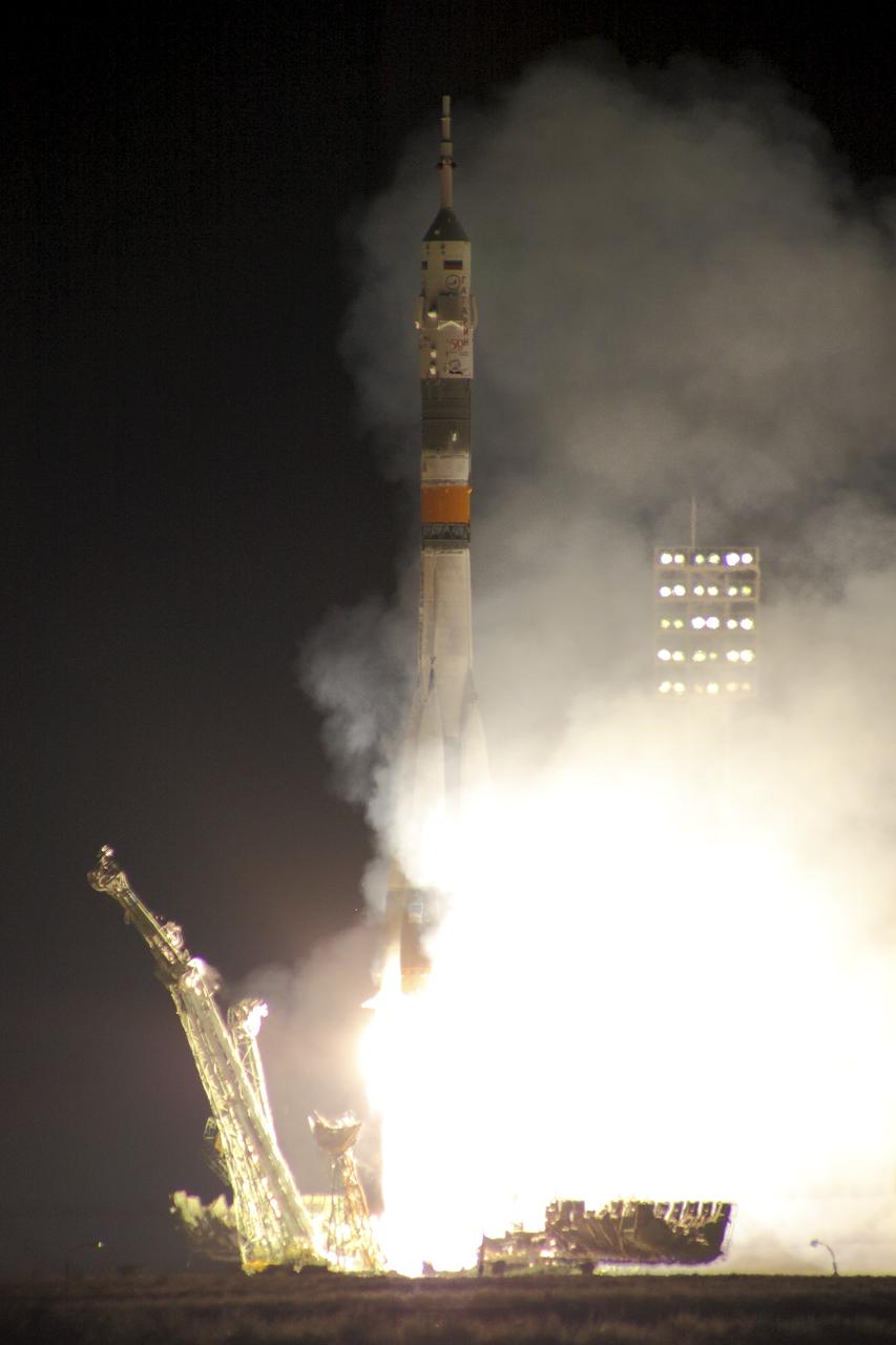 The Soyuz TMA-21 launches from the Baikonur Cosmodrome in Kazakhstan on Tuesday, April 5, 2011 carrying Expedition 27 Soyuz Commander Alexander Samokutyaev, NASA Flight Engineer Ron Garan and Russian Flight Engineer Andrey Borisenko to the International Space Station. The Soyuz, which has been dubbed "Gagarin", is launching one week shy of the 50th anniversary of the launch of Yuri Gagarin from the same launch pad in Baikonur on April 12, 1961 to become the first human to fly in space. Photo Credit: (NASA/Victor Zelentsov)