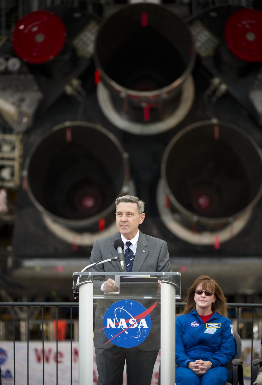 NASA Kennedy Space Center Director and former astronaut Bob Cabana introduces NASA Administrator Charles Bolden where Bolden announced where four space shuttle orbiters will be permanently displayed at the conclusion of the Space Shuttle Program during an event held at one of the Orbiter Processing Facilities, Tuesday, April 12, 2011, at Kennedy Space Center in Cape Canaveral, Fla. The four orbiters, Enterprise, which currently is on display at the Smithsonian's Steven F. Udvar-Hazy Center near Washington Dulles International Airport, will move to the Intrepid Sea, Air & Space Museum in New York, Discovery will move to Udvar-Hazy, Endeavour will be displayed at the California Science Center in Los Angeles and Atlantis, in background, will be displayed at the Kennedy Space Center Visitorâ€™s Complex.  Photo Credit: (NASA/Bill Ingalls)