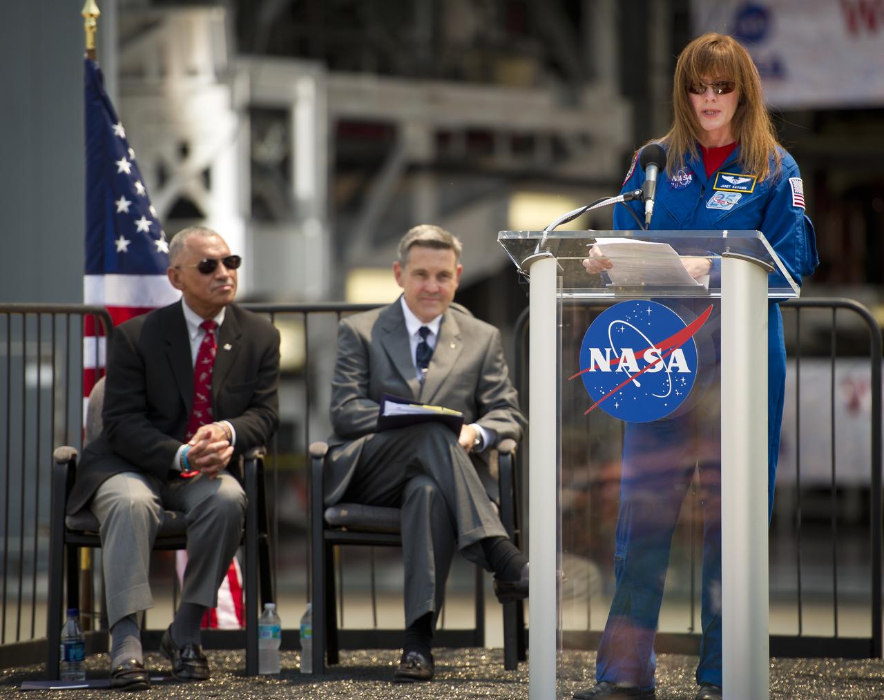 NASA Johnson Space Center Director of Flight Crew Operations, and Astronaut, Janet Kavandi speaks at an event where NASA Administrator Charles Bolden announced where four space shuttle orbiters will be permanently displayed at the conclusion of the Space Shuttle Program, Tuesday, April 12, 2011, at Kennedy Space Center in Cape Canaveral, Fla. The four orbiters, Enterprise, which currently is on display at the Smithsonian's Steven F. Udvar-Hazy Center near Washington Dulles International Airport, will move to the Intrepid Sea, Air & Space Museum in New York, Discovery will move to Udvar-Hazy, Endeavour will be displayed at the California Science Center in Los Angeles and Atlantis, in background, will be displayed at the Kennedy Space Center Visitorâ€™s Complex.  Photo Credit: (NASA/Bill Ingalls)