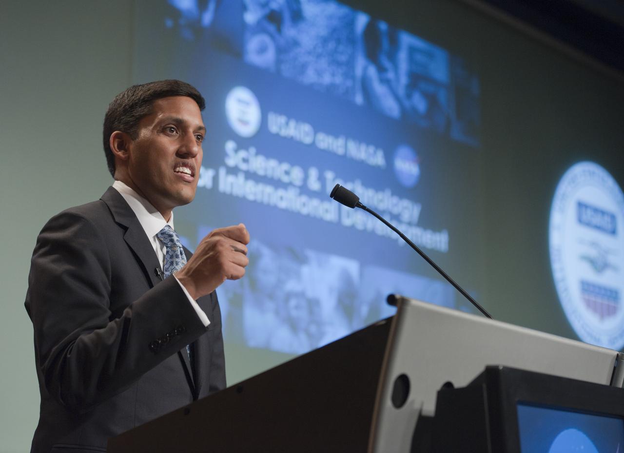USAID Administrator Rajiv Shah speaks prior to signing a five-year memorandum of understanding with NASA, Monday, April 25, 2011, at NASA Headquarters in Washington. The agreement formalizes ongoing agency collaborations that use Earth science data to address developmental challenges, and to assist in disaster mitigation and humanitarian responses. The agreement also encourages NASA and USAID to apply geospatial technologies to solve development challenges affecting the United States and developing countries. Photo Credit: (NASA/Paul E. Alers)