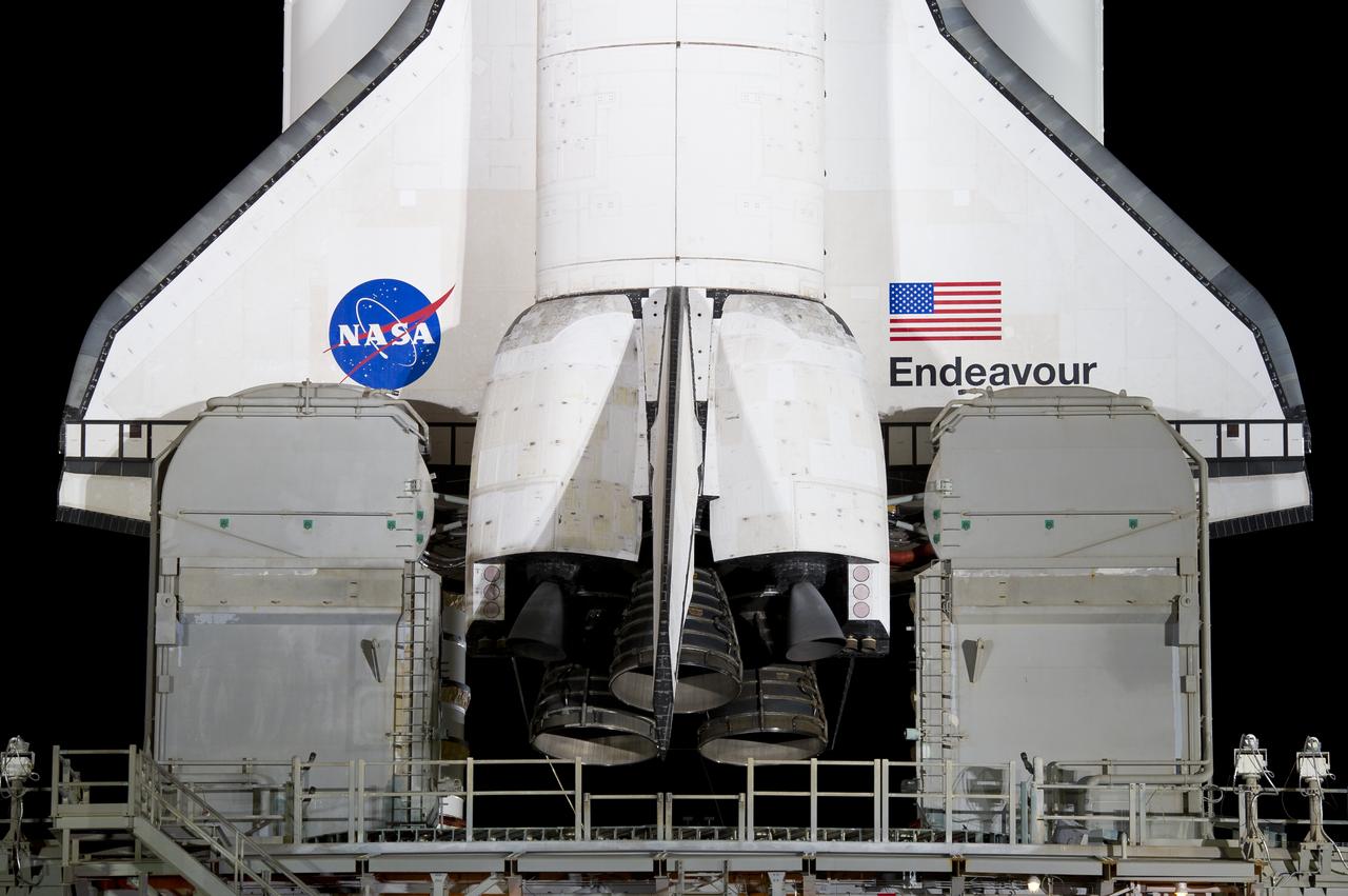 The space shuttle Endeavour is seen on launch pad 39a after the rollback of the Rotating Service Structure (RSS), Thursday, April 28, 2011, at Kennedy Space Center in Cape Canaveral, Fla. During the 14-day mission, Endeavour and the STS-134 crew will deliver the Alpha Magnetic Spectrometer (AMS) and spare parts including two S-band communications antennas, a high-pressure gas tank and additional spare parts for Dextre. Launch is targeted for Friday, April 29 at 3:47 p.m. EDT.  Photo credit: (NASA/Bill Ingalls)