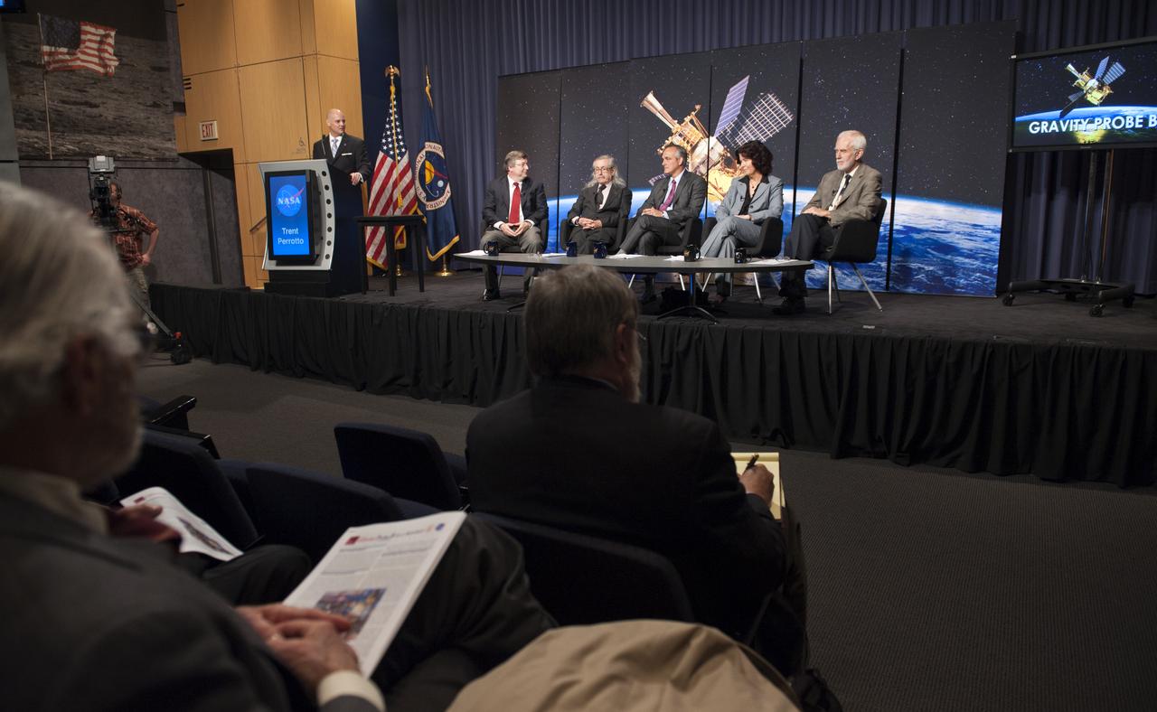 Seated from left, Bill Danchi, Senior Astrophysicist and Program Scientist at NASA Headquarters, Francis Everitt, Principal Investigator for the Gravity Probe B Mission at Stanford University, Rex Geveden, President of Teledyne Brown Engineering, Colleen Hartman, a research professor at George Washington University, and Clifford Will, Professor of Physics at Washington University in St. Louis, Mo., conduct a press conference, Wednesday, May 4, 2011, to discuss NASA's Gravity Probe B (GP-B) mission which has confirmed two key predictions derived from Albert Einstein's general theory of relativity, which the spacecraft was designed to test. at NASA Headquarters in Washington. Photo Credit: (NASA/Paul E. Alers)
