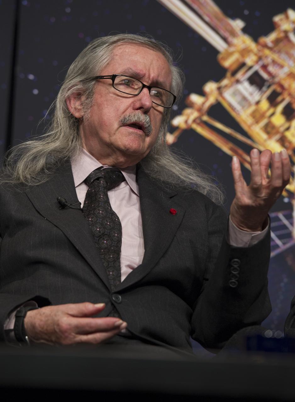 Francis Everitt, Principal Investigator for the Gravity Probe B Mission at Stanford University, makes a point during a press conference, Wednesday, May 4, 2011, to discuss NASA's Gravity Probe B (GP-B) mission which has confirmed two key predictions derived from Albert Einstein's general theory of relativity, which the spacecraft was designed to test at NASA Headquarters in Washington. The experiment, launched in 2004, used four ultra-precise gyroscopes to measure the hypothesized geodetic effect, the warping of space and time around a gravitational body, and frame-dragging, the amount a spinning object pulls space and time with it as it rotates. Photo Credit: (NASA/Paul E. Alers)