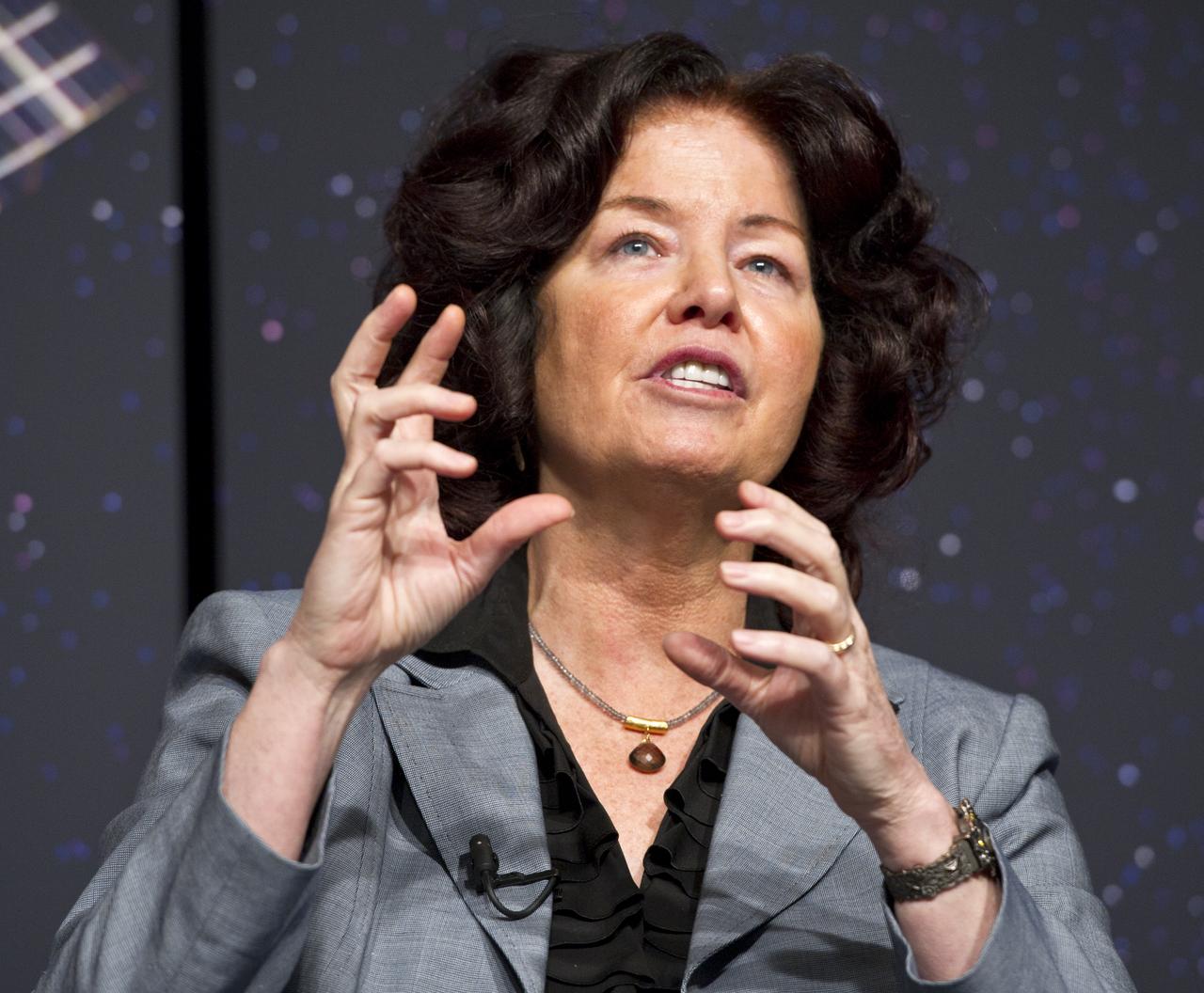 Colleen Hartman, Senior Advisor at NASA Headquarters and Research Professor at George Washington University, makes a point during a press conference, Wednesday, May 4, 2011, to discuss NASA's Gravity Probe B (GP-B) mission which has confirmed two key predictions derived from Albert Einstein's general theory of relativity, which the spacecraft was designed to test at NASA Headquarters in Washington. The experiment, launched in 2004, used four ultra-precise gyroscopes to measure the hypothesized geodetic effect, the warping of space and time around a gravitational body, and frame-dragging, the amount a spinning object pulls space and time with it as it rotates. Photo Credit: (NASA/Paul E. Alers)