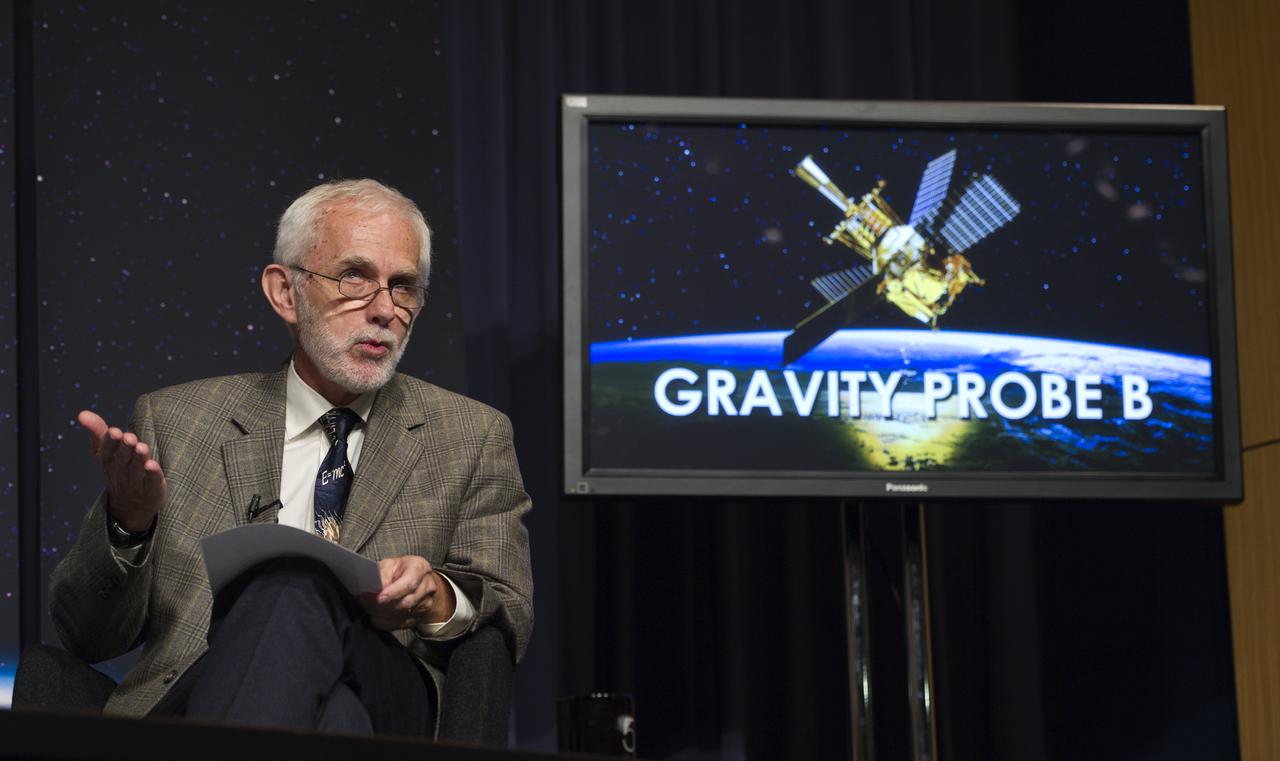 Clifford Will, Professor of Physics at Washington University in St. Louis, makes a point during a press conference, Wednesday, May 4, 2011, to discuss NASA's Gravity Probe B (GP-B) mission which has confirmed two key predictions derived from Albert Einstein's general theory of relativity, which the spacecraft was designed to test at NASA Headquarters in Washington. The experiment, launched in 2004, used four ultra-precise gyroscopes to measure the hypothesized geodetic effect, the warping of space and time around a gravitational body, and frame-dragging, the amount a spinning object pulls space and time with it as it rotates. Photo Credit: (NASA/Paul E. Alers)