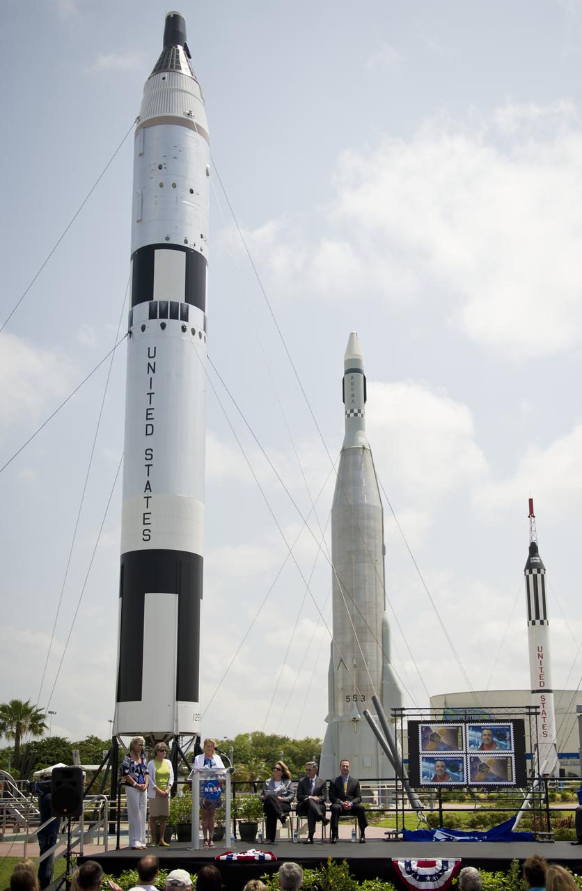 Daughters of NASA astronaut Alan Shepard, Laura Shepard Churchley, standing left, Alice Wackermann and Julie Jenkins, standing right, speak during an unveiling ceremony of two USPS stamps that commemorate and celebrate 50 years of US Spaceflight and the MESSENGER program during an event, Wednesday, May 4, 2011 at the NASA Kennedy Space Center in Cape Canaveral, Fla.  One stamp commemorates NASA’s Project Mercury, America’s first manned spaceflight program, and NASA astronaut Alan Shepard’s historic flight on May 5, 1961, aboard spacecraft Freedom 7.  The other stamp draws attention to NASA’s unmanned MESSENGER mission, a scientific investigation of the planet Mercury. On March 17, 2011, MESSENGER became the first spacecraft to enter into orbit around Mercury. Photo Credit: (NASA/Bill Ingalls)