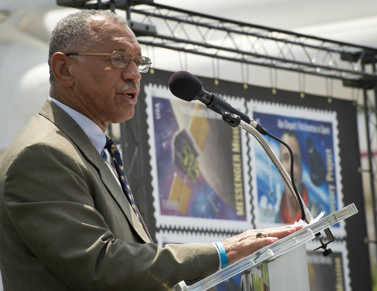 NASA Administrator Charles Boldin speaks during an unveiling ceremony of two USPS stamps that commemorate and celebrate 50 years of US Spaceflight and the MESSENGER program during an event, Wednesday, May 4, 2011 at the NASA Kennedy Space Center in Cape Canaveral, Fla.  One stamp commemorates NASA’s Project Mercury, America’s first manned spaceflight program, and NASA astronaut Alan Shepard’s historic flight on May 5, 1961, aboard spacecraft Freedom 7.  The other stamp draws attention to NASA’s unmanned MESSENGER mission, a scientific investigation of the planet Mercury. On March 17, 2011, MESSENGER became the first spacecraft to enter into orbit around Mercury. Photo Credit: (NASA/Bill Ingalls)