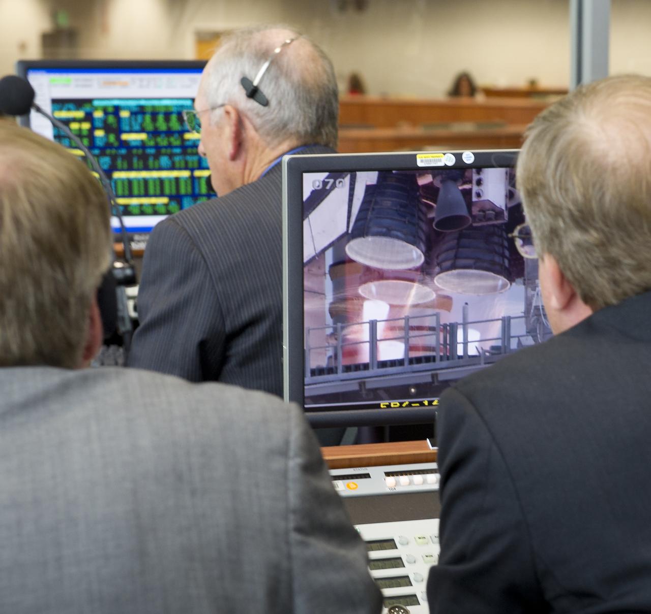 NASA officials in Firing Room Four of the NASA Kennedy Space Center Launch Control Center (LCC) monitor space shuttle Endeavour (STS-134) as it launches Monday, May 16, 2011, from Cape Canaveral, Fla. During the 16-day mission, Endeavour, with Commander Mark Kelly, Pilot Gregory H. Johnson, Mission Specialists Michael Fincke, Greg Chamitoff, Andrew Feustel and European Space Agency astronaut Robert Vittori will deliver the Alpha Magnetic Spectrometer (AMS) and spare parts including two S-band communications antennas, a high-pressure gas tank and additional spare parts for Dextre. Photo Credit: (NASA/Bill Ingalls)