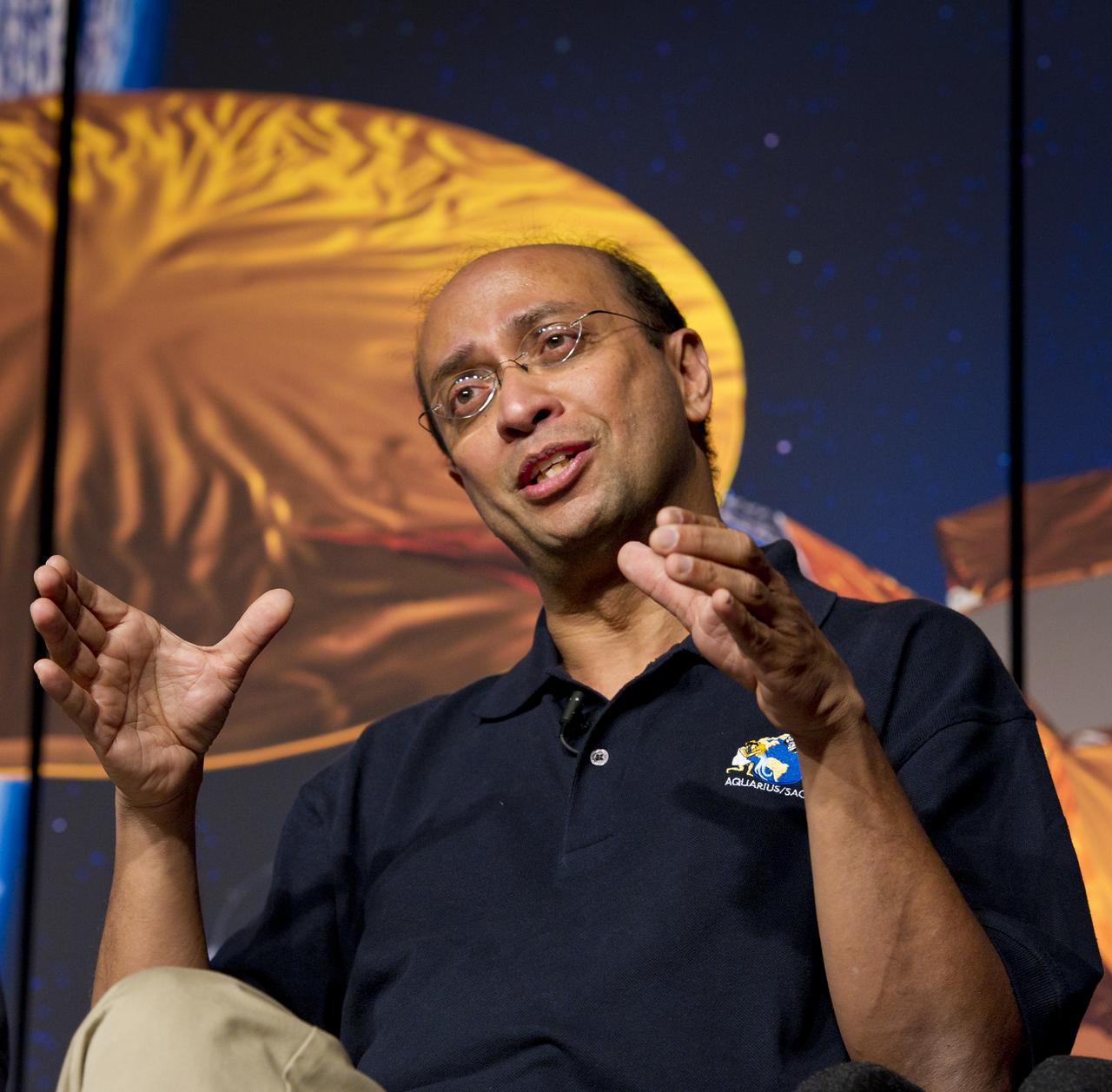 Amit Sen, Aquarius Project Manager, NASA Jet Propulsion Laboratory, speaks at a press conference on NASA's Aquarius/SAC-D mission to study the salinity of Earth's oceans from space on Tuesday, May 17, 2011 at NASA Headquarters in Washington.  The mission is a collaboration between NASA and Argentina's space agency Comision Nacional de Actividades Especiales (CONAE), with participation from Brazil, Canada, France and Italy.  The Aquarius/SAC-D observatory will launch June 9, 2011 from Vandenberg Air Force Base in California.  Photo Credit:  (NASA/Carla Cioffi)