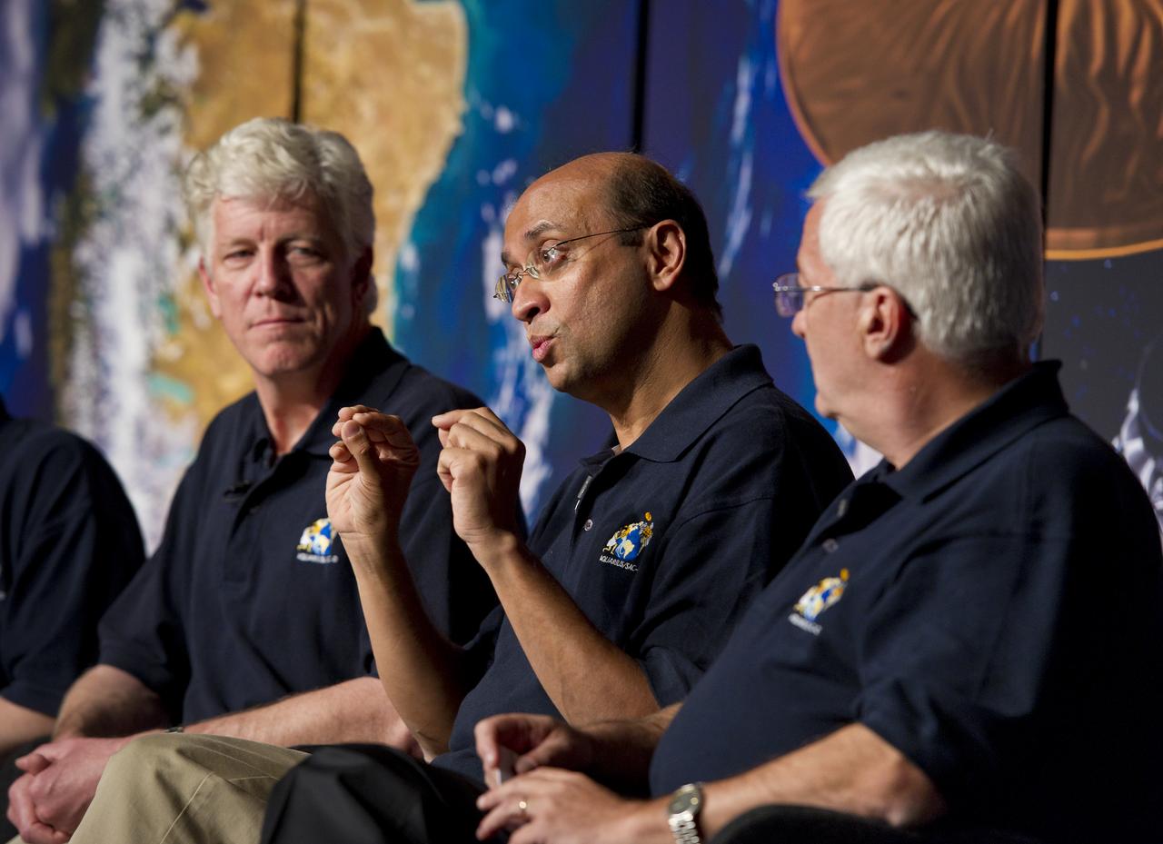 Amit Sen, center, Aquarius Project Manager, NASA Jet Propulsion Laboratory, speaks at a press conference on NASA's Aquarius/SAC-D mission to study the salinity of Earth's oceans from space on Tuesday, May 17, 2011 at NASA Headquarters in Washington.  The mission is a collaboration between NASA and Argentina's space agency Comision Nacional de Actividades Especiales (CONAE), with participation from Brazil, Canada, France and Italy.  The Aquarius/SAC-D observatory will launch June 9, 2011 from Vandenberg Air Force Base in California.  Photo Credit:  (NASA/Carla Cioffi)