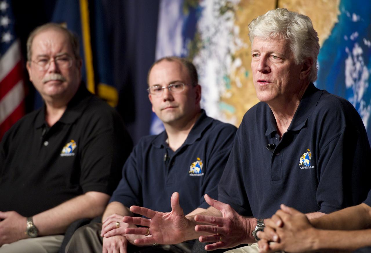 Gary Lagerloef, right, Aquarius Principal Investigator, Earth & Space Research, Seattle, speaks at a press conference on NASA's Aquarius/SAC-D mission to study the salinity of Earth's oceans from space on Tuesday, May 17, 2011 at NASA Headquarters in Washington.  The mission is a collaboration between NASA and Argentina's space agency Comision Nacional de Actividades Especiales (CONAE), with participation from Brazil, Canada, France and Italy.  The Aquarius/SAC-D observatory will launch June 9, 2011 from Vandenberg Air Force Base in California.  Photo Credit:  (NASA/Carla Cioffi)