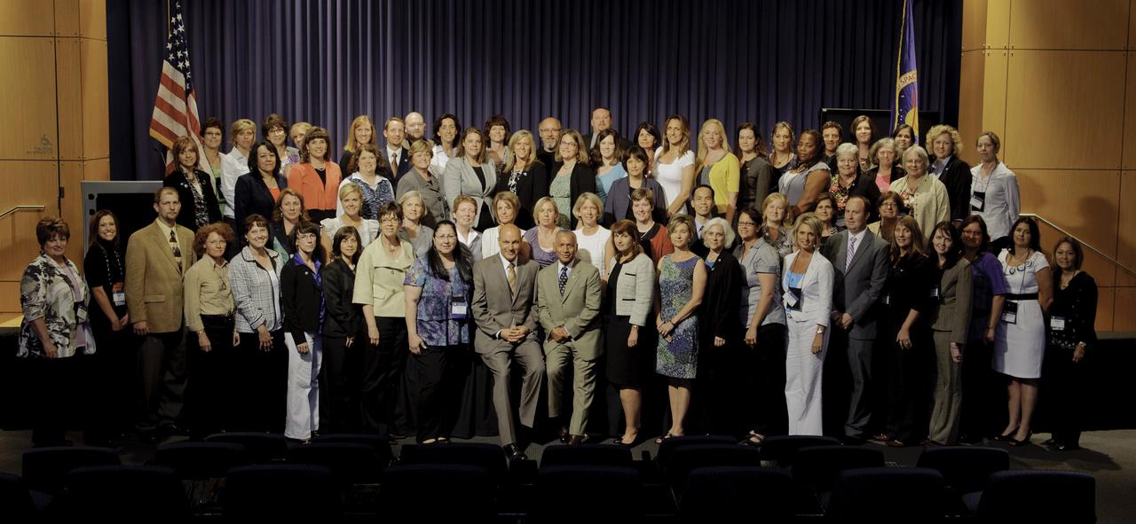 Recipients of the Presidential Award for Excellence in Mathematics and Science Teaching stand together with NASA Administrator Charles Bolden and chief scientist Waleed Abdalati, center, at NASA Headquarters in Washington on Wednesday, May 19, 2011. Photo Credit: (NASA/Paul E. Alers) 