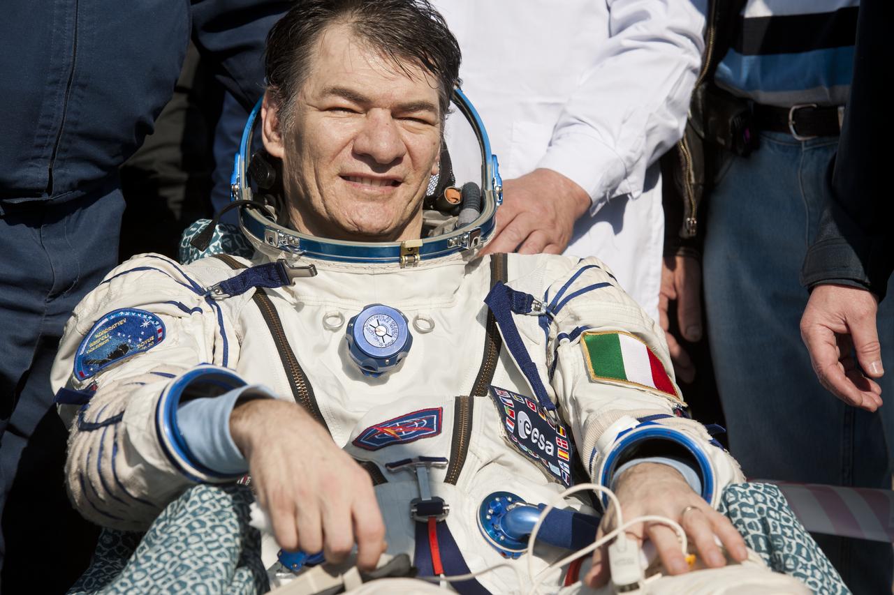Expedition 27 Flight Engineer Paolo Nespoli smiles shortly after he and Commander Dmitry Kondratyev and Flight Engineer Cady Coleman landed in their Soyuz TMA-20 southeast of the town of Zhezkazgan, Kazakhstan, on Tuesday, May 24, 2011. NASA Astronaut Coleman, Russian Cosmonaut Kondratyev and Italian Astronaut Nespoli are returning from more than five months onboard the International Space Station where they served as members of the Expedition 26 and 27 crews. Photo Credit: (NASA/Bill Ingalls)