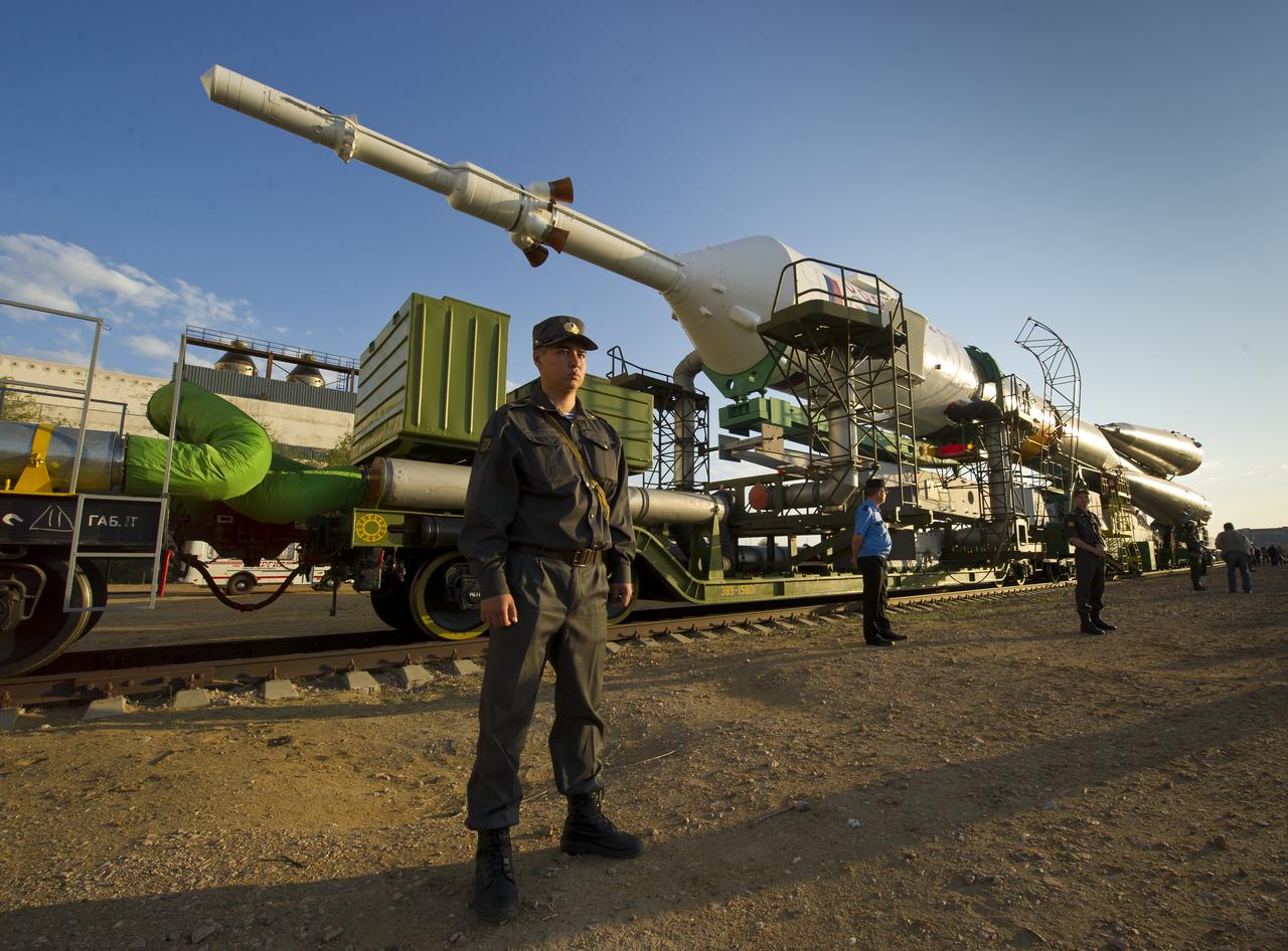 The Soyuz TMA-02M spacecraft is rolled out by train on its way to the launch pad at the Baikonur Cosmodrome, Kazakhstan, Sunday, June 5, 2011.  The launch of the Soyuz spacecraft with Expedition 28 Soyuz Commander Sergei Volkov of Russia, NASA Flight Engineer Mike Fossum and JAXA (Japan Aerospace Exploration Agency) Flight Engineer Satoshi Furukawa is scheduled for 2:15 a.m. local time on Wednesday, June 8, 2011.  Photo Credit (NASA/Carla Cioffi)