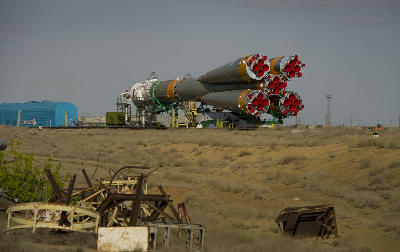 The Soyuz TMA-02M spacecraft is carried by train on its way to the launch pad at the Baikonur Cosmodrome, Kazakhstan, Sunday, June 5, 2011.  The launch of the Soyuz spacecraft with Expedition 28 Soyuz Commander Sergei Volkov of Russia, NASA Flight Engineer Mike Fossum and JAXA (Japan Aerospace Exploration Agency) Flight Engineer Satoshi Furukawa is scheduled for 2:15 a.m. local time on Wednesday, June 8, 2011.  Photo Credit (NASA/Carla Cioffi)