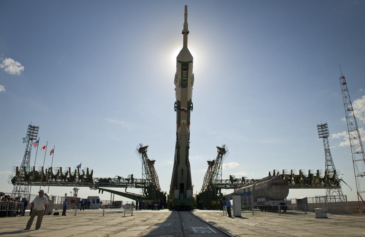 The Soyuz TMA-02M spacecraft is raised into vertical position at the launch pad at the Baikonur Cosmodrome in Kazakhstan, Sunday, June 5, 2011. The rocket is being prepared for launch June 8 to carry the crew of Expedition 28 to the International Space Station.  Photo Credit:  (NASA/Carla Cioffi)