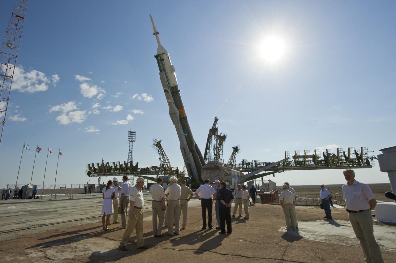 The Soyuz TMA-02M spacecraft is raised into vertical position at the launch pad at the Baikonur Cosmodrome in Kazakhstan, Sunday, June 5, 2011. The rocket is being prepared for launch June 8 to carry the crew of Expedition 28 to the International Space Station.  Photo Credit:  (NASA/Carla Cioffi)