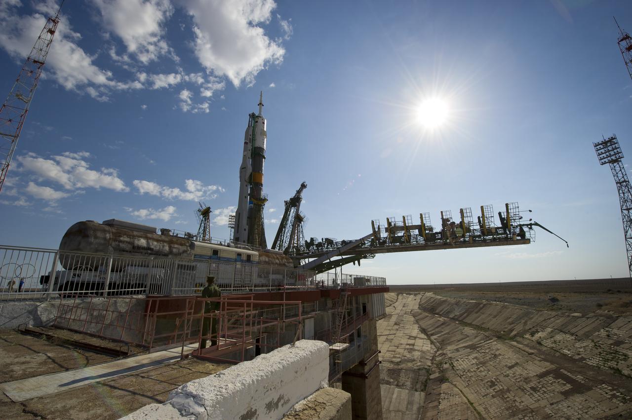 The Soyuz TMA-02M spacecraft is seen at the launch pad after being raised into vertical position on Sunday, June 5, 2011 at the Baikonur Cosmodrome in Kazakhstan. The launch of the Soyuz spacecraft with Expedition 28 Soyuz Commander Sergei Volkov of Russia, NASA Flight Engineer Mike Fossum and JAXA (Japan Aerospace Exploration Agency) Flight Engineer Satoshi Furukawa is scheduled for Wednesday, June 8, 2011. Photo Credit:  (NASA/Carla Cioffi)